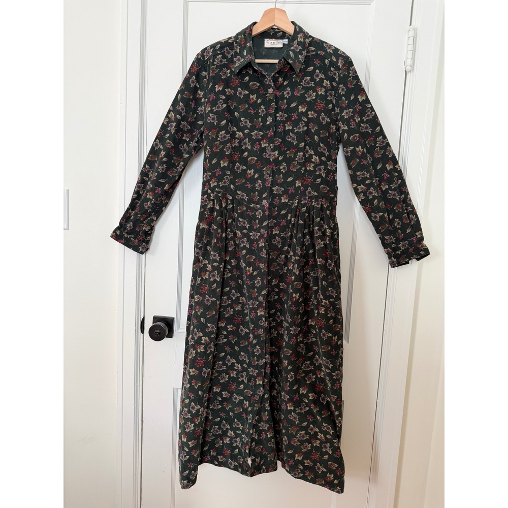 Vintage Susan Bristol Floral Pinwale Corduroy Maxi Dress Green Drop Waist 12 - Picture 2 of 16